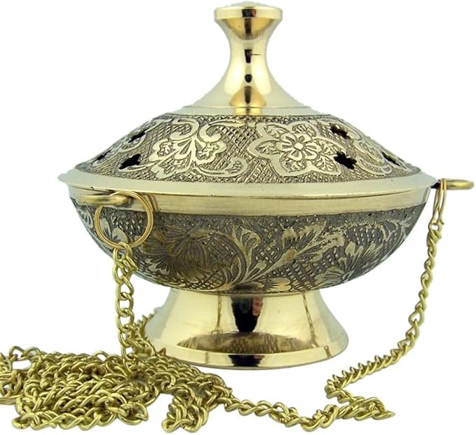 Gold Plate Over Brass Conical Incense Holder, 3 1/2" Dia - 3" H with 9" Chain