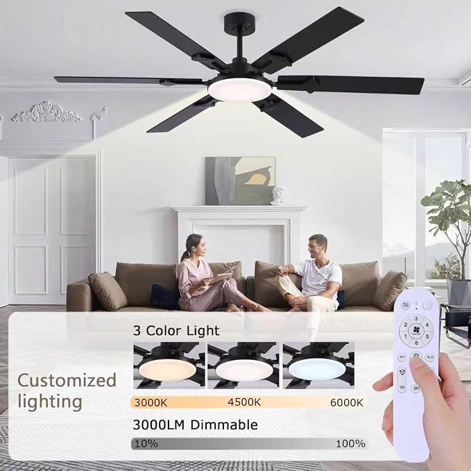 NKPU 66 Inch Large Ceiling Fans with Lights and Remote, Black Modern Indoor/Outdoor Ceiling Fan for Living Room Kitchen Patio, 6 Speed Reversible DC Motor, 3 CCT Lighting, Dual Finish 6 Blades