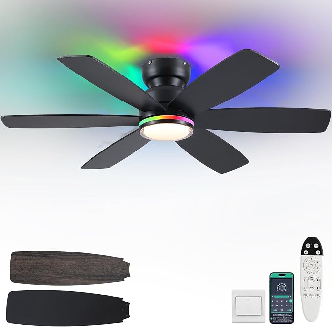 Kviflon 46" Ceiling Fans with RGB Lights, Low Profile Ceiling Fan with Remote/APP Control, Flush Mount, Double-Sided 6 Reversible Blades, RGB+3CCT Dimmable Lights, Double Lampshade for Bedroom, Black