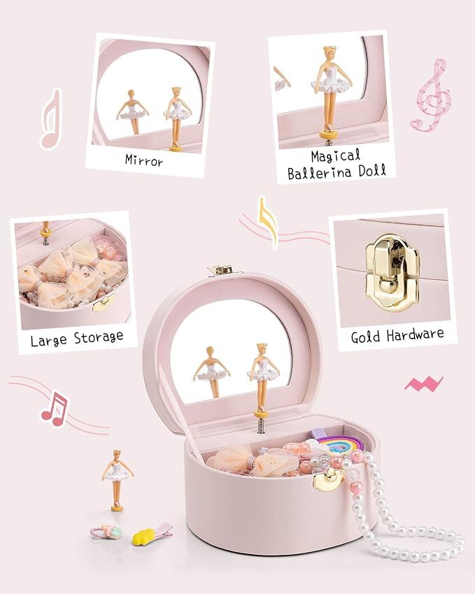 VLANDO Musical Jewelry Box for Girls - Valentines Day Gifts for Daughter Kids - Birthday for Girls Ages 4 5 6 7 8-12 Year Old - Kid Music Box with Ballerina for Birthday Bedroom Decor - Light Pink