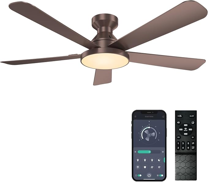 Ceiling Fans with Lights, 52 inch Low Profile Ceiling Fan with Light, Remote/App Control, Flush Mount Modern Ceiling Fan for Bedroom, Indoor/Outdoor (Brown)