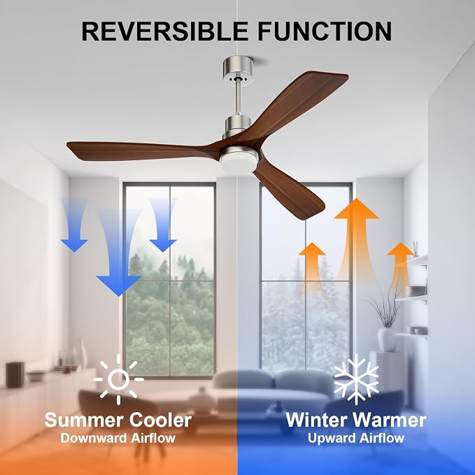 Obabala 52 Inch Ceiling Fans with Lights and Remote Control-Outdoor Ceiling Fan Walnut Wood 3 Blade for Bedroom Living Room Indoor Farmhouse Patio, Reversible Noiseless DC Motor