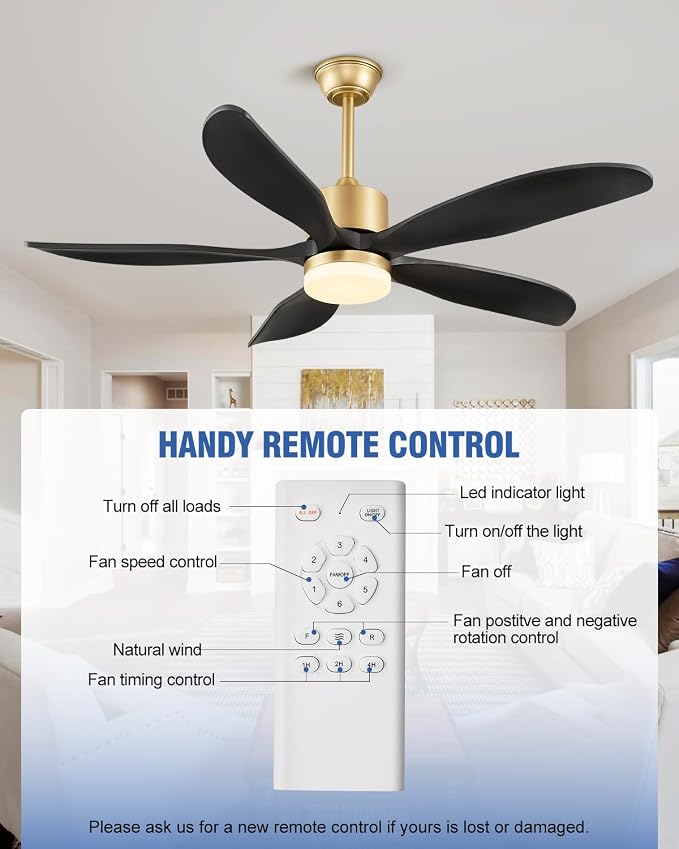 52"Ceiling Fans with Lights and Remote 5 Blades Outdoor Fans Black Gold | Ceiling Fan with Light for Patios Indoor, ETL Listed, Timer, 6 Speeds, 3 Color, Reversible Quiet DC Motor, Under 25dB