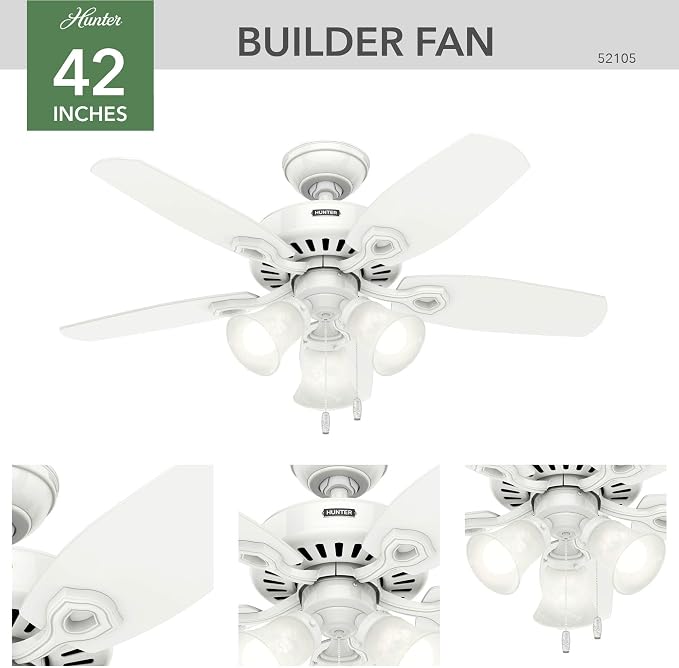Hunter Builder, Indoor, Ceiling Fan, with LED Lights, 42 inch, Snow White
