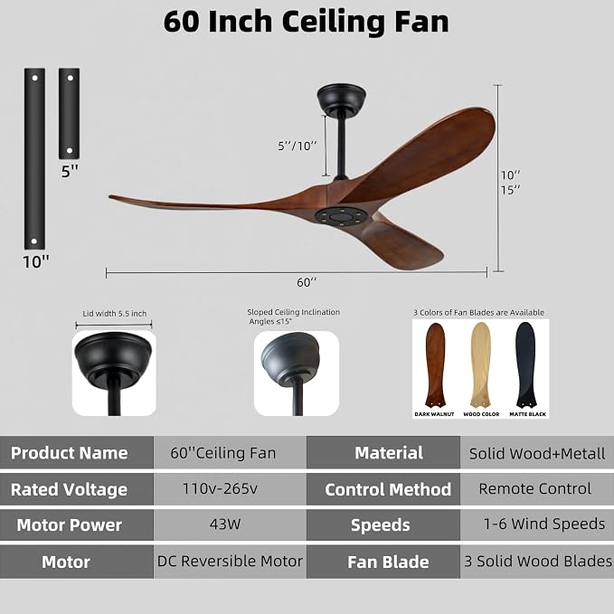 60 inch modern style ceiling fan with remote control, unlit outdoor large ceiling fan, silent dc motor for large living room, dining room, porch, farmhouse(Dark Walnut, 60 inch)