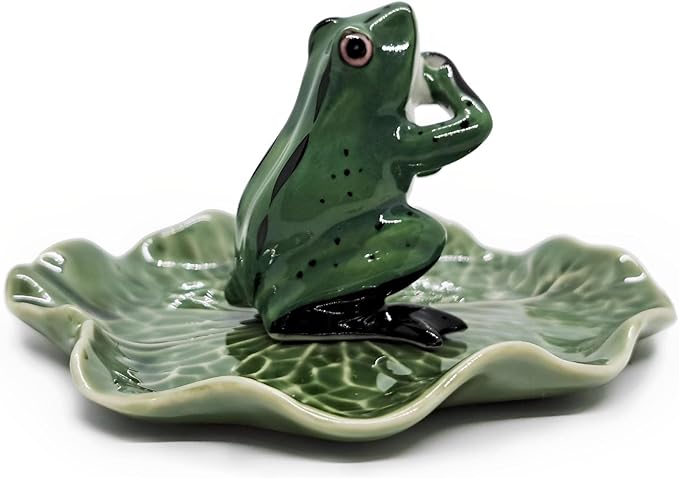 2" Dark Green Frog On 4" Wide Lotus Leaf Ceramic Incense Stick Holder Artistic Collectible Figurine for Adult Collectors Interior Accent Gift Handcrafted Porcelain Home Room Decor