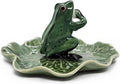 2" Dark Green Frog On 4" Wide Lotus Leaf Ceramic Incense Stick Holder Artistic Collectible Figurine for Adult Collectors Interior Accent Gift Handcrafted Porcelain Home Room Decor