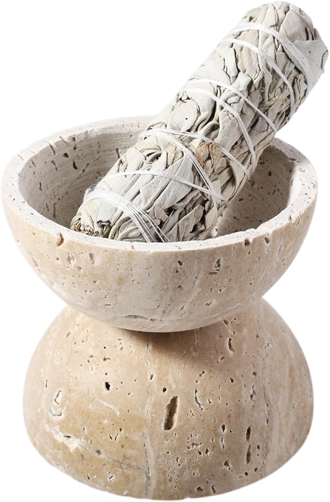 Koville Natural Travertine Incense Burner, Stone Incense Holder for Cone/Balsam Fir/Palo Santo/Sage, Handmade Sphere Marble Incense Burner for Meditation Yoga SPA Relaxation, Home Decor(Beige)