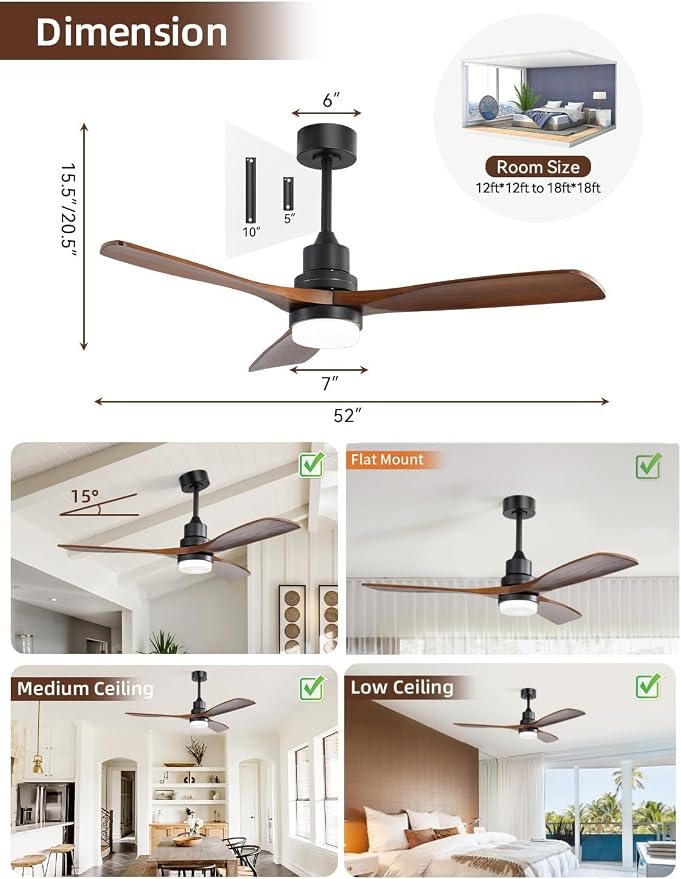 Sofucor 52 Inch Smart Ceiling Fan with Lights, Brown Black | Alexa/APP/Remote Control, Modern 3 Solid Wood Blades, 3CCT, Dimmable, Bedroom Living Room Farmhouse Patio