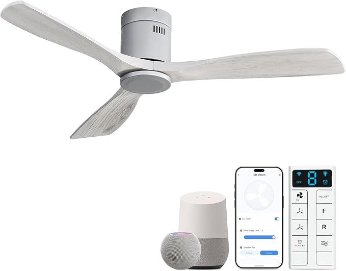 Sofucor 52 Inch Smart Ceiling Fan Without Lights Flush Mount Solid Wood Ceiling Fan with Alexa/Google Assistant/APP/Remote Control-Modern Outdoor Ceiling Fans No Light for Bedroom/Patio, Silver Grey