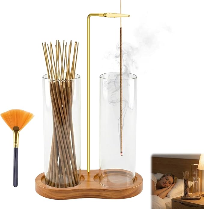 Glass Incense Holder, 2 in 1 Incense Burner Holder with Storage, Hanging Upside Down Incense Sticks Holder with Glass Ash Catcher for Meditation Yoga Spa Room Decor