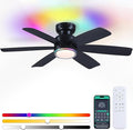Kviflon 46" Modern Ceiling Fans with RGB Lights Remote/APP Control, Low Profile Flush Mount Ceiling Fan, 6 Reversible Plastic Blades 6 Speeds, RGB + 3 CCT Dimmable Lights for Bedroom Kidsroom, Black