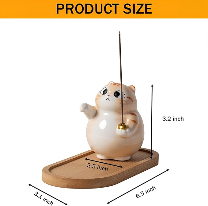 Cat Incense Holder - Cute Ceramic Incense Burner with Bamboo Ash Catcher Tray, Orange Tabby Cat Meditation Decor for Home Office, Zen Desk Accessories (3.4" L x 2.8" W x 3.5" H)