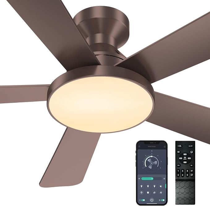 Ceiling Fans with Lights, 46" Low Profile Ceiling Fan with Light, Remote/App Control, Flush Mount Ceiling Fan for Bedroom, Indoor/Outdoor (Brown)