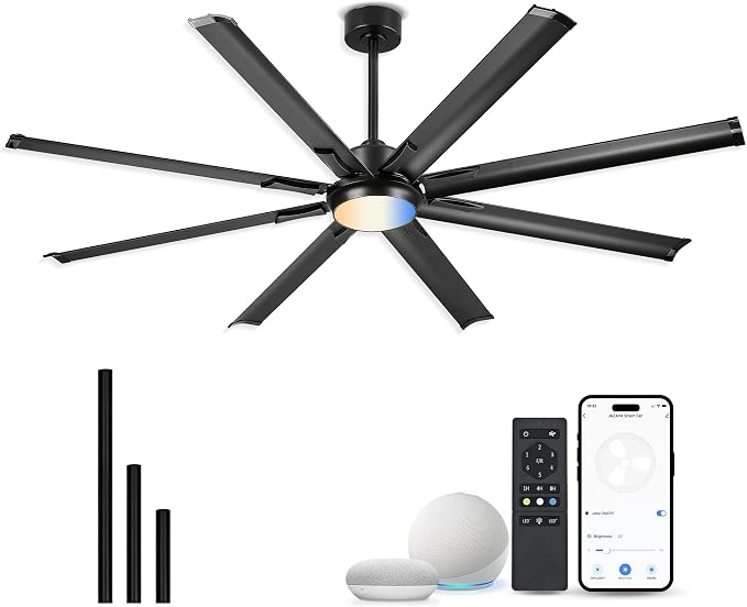 72 Inch Ceiling Fan With Light,Industrial Ceiling Fan With 8 Aluminium Metal Blades,Smart Fan Work with Alexa,Garage Indoor Fan For Living Room and Patio,CF04BK-72