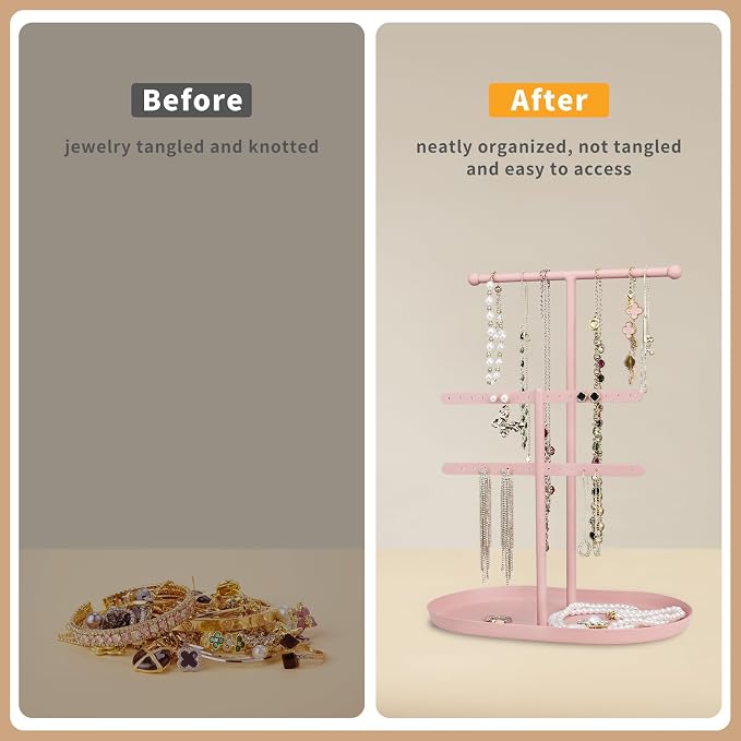 Saydear 3-Tier Jewelry Organizer Stand, Earring Holder Necklace Tree | Pink Metal Earring Rails With Top Necklace Bar, Oval Tray Base, Ideal Vanity Dresser Decor, Gift For Her