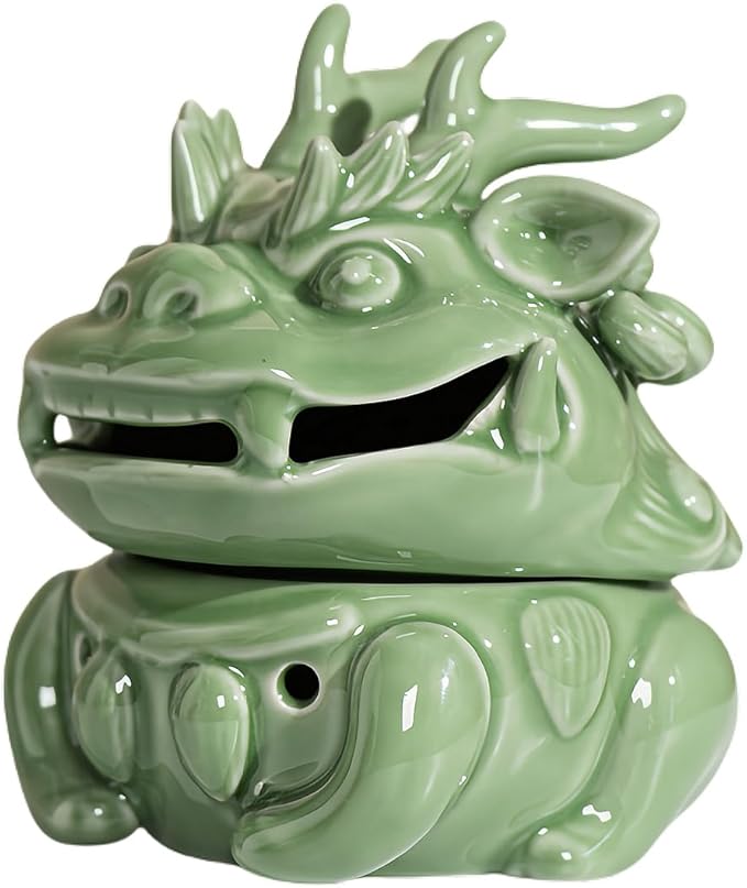 Mini Ceramic Incense Burner - Chinese Classic Plum Green Celadon Glaze, Fragrance Cone & Stick Holder Palo Santo/Sage/Herb Burner for Meditation, Yoga, Desk Decor, Zen Relaxation Gift (Dragon-A)
