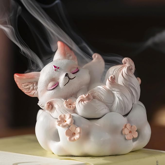 Cute Nine-Tailed Fox Decorative Incense Holder, Resin Sleeping Fox Figurine Cone Coil Incense Burner with Lid, Ash Catcher for Yoga Meditation Spa Home Office Aromatherapy Decor (White)
