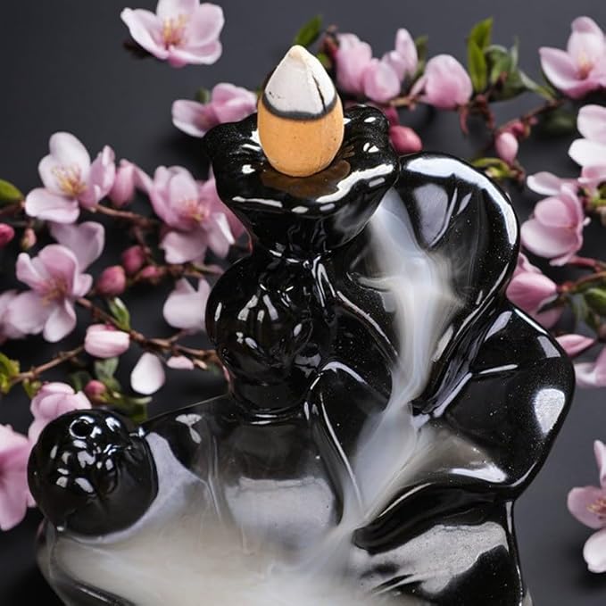 Waterfall Incense Burner, Lotus Backflow Incense Holder Ceramic Censer Cones Sticks Porcelain Holder with 60 Free Mixed Aromatherapy Cones
