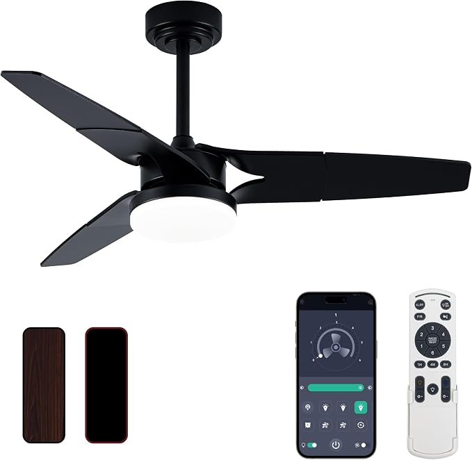 Ceiling Fan with Lights and Remote, 3 Blade App Control Timer Reversible Stepless Brightness and Color Temperature Outdoor Wood Ceiling Fan with Lights (Black, 42 In'ch)