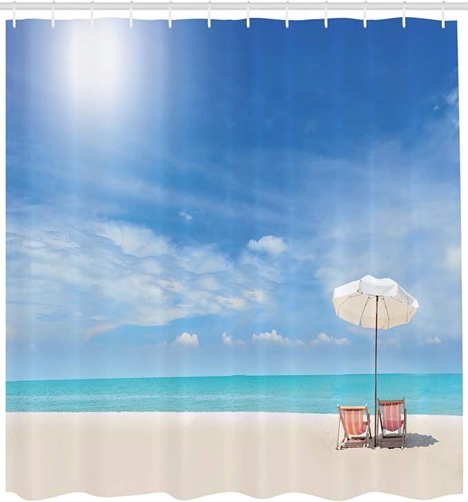 Ambesonne Hawaiian Shower Curtain, Secluded Tropical Island Beach with Chairs and Umbrella Ocean Sand Seascape Photo, Cloth Fabric Bathroom Decor Set with Hooks, 69" W x 70" L, Beige Blue