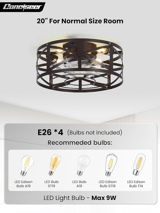 Conciseer 20 Inch Caged Ceiling Fans with Lights and Remote, Flush Mount, Low Profile 7 Blades, 6 Speed Reversible Quiet DC Motor for Bedroom, Kitchen and Living Room, Brown