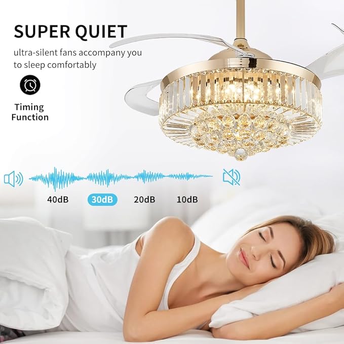 42'' Fandelier Ceiling Fans with Light, Chandelier Ceiling Fan, Retractable Crystal Ceiling Fan for Bedroom, Living Room, 3 Color Change, LED Dimmable, 6 Speeds, Reversible DC Motor-Gold