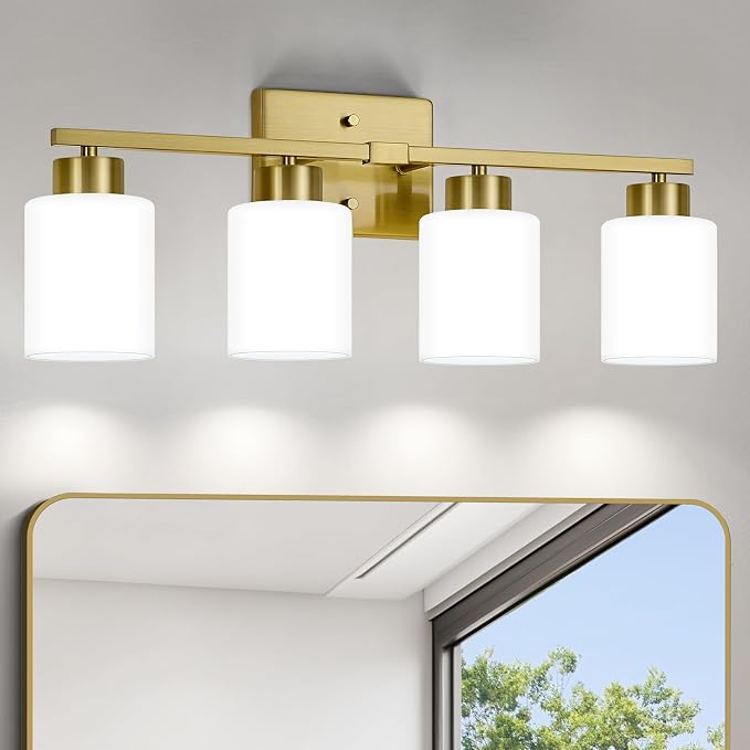FonmYim Brushed Gold Bathroom Light Fixtures, 4-Light Modern Vanity Light Over Mirror, Wall Sconces with Milky White Frosted Glass Shades, E26 Socket (Bulbs Not Included)