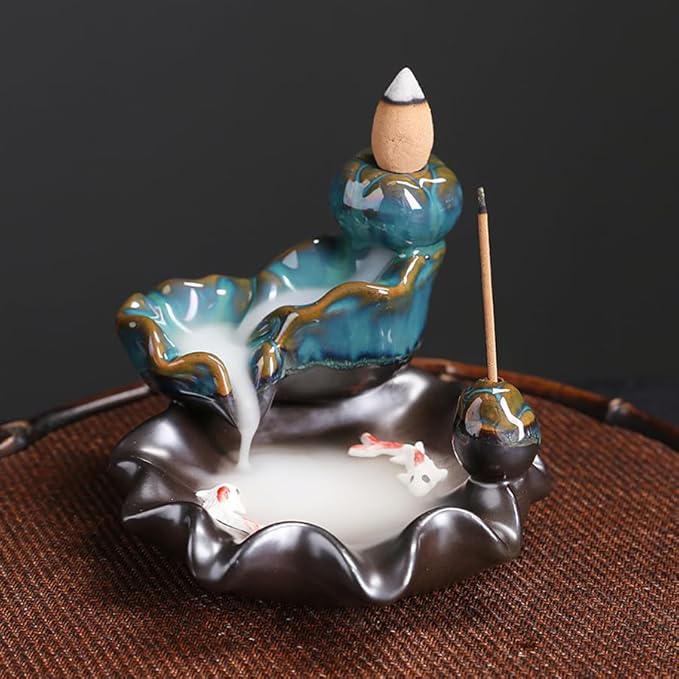 ARFUKA Ceramic Backflow Incense Burner Lotus & Koi Waterfall Design with Hypnotic Smoke Effect, Zen Meditation Decor for Home Office Yoga Room (Asian Inspired Aromatherapy Art)