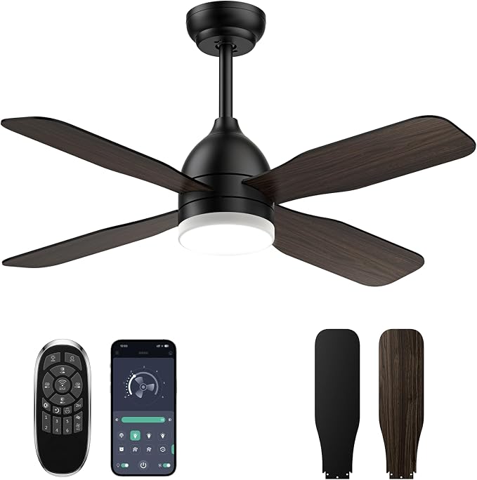 42 Inch Ceiling Fan with Light, APP & Remote Control, 4 Double-Sided Blades, 3 Color Temperatures, 6 Speed Levels, Reversible Brown & Black Blades for Bedroom, Living Room & Home Office