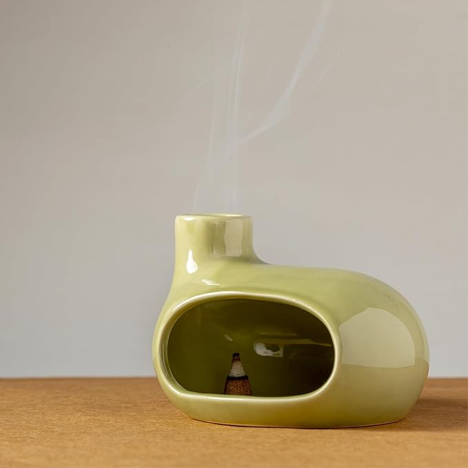 MOUGIGI Palo Santo Holder Burner - Modern Chiminea Incense Dish for Palo Santo Sticks and Cones - Ceramic Meditation Gift with Natural Polished Surface - Perfect for Yoga, Aromatherapy