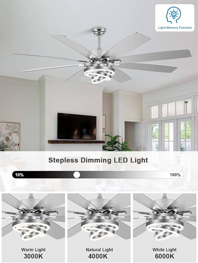 Bella Depot 72 Inch Large Ceiling Fan with Light, Modern Chandelier Fan with Remote APP Control, 6-Speed, Dimmable, Reversible, Timing Option - Ideal for Bedroom Living Room, Garage, and Covered Patio