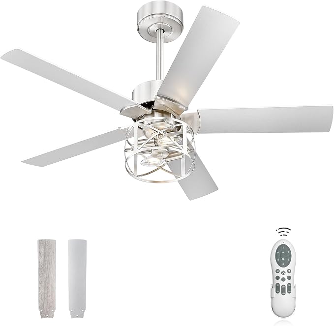 YOUKAIN 42 Inch Ceiling Fans, Farmhouse Ceiling Fans with Lights and Remote, 5-Reversible Blades with Gray Oak/Brushed Nickel Finish, 42-YJ632-BNW