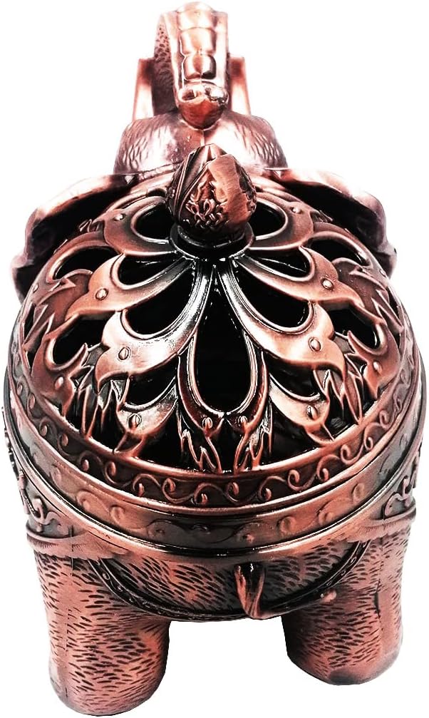 Hourwof Metal Elephant Incense Holder,Vintage Cone Coil Incense Burner with Lid,Ash Catcher,Aromatherapy Ornament Home Office Decor,Red Copper