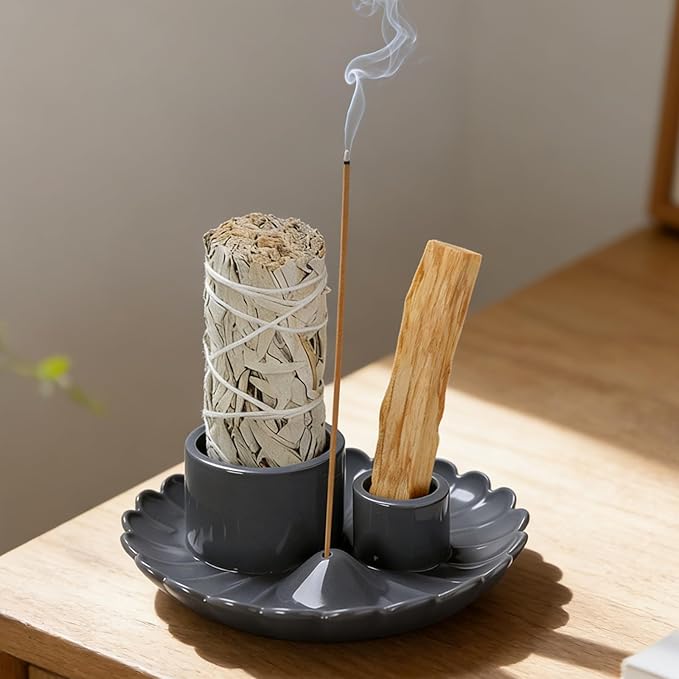 Multifunction Incense and Candle Holder for Burning Sage, Palo Santo, Ceramic Incense Stick Holder for Palo Santo Burner, Sage Holder for Yoga, Meditation, and Energy Cleansing (Gray)