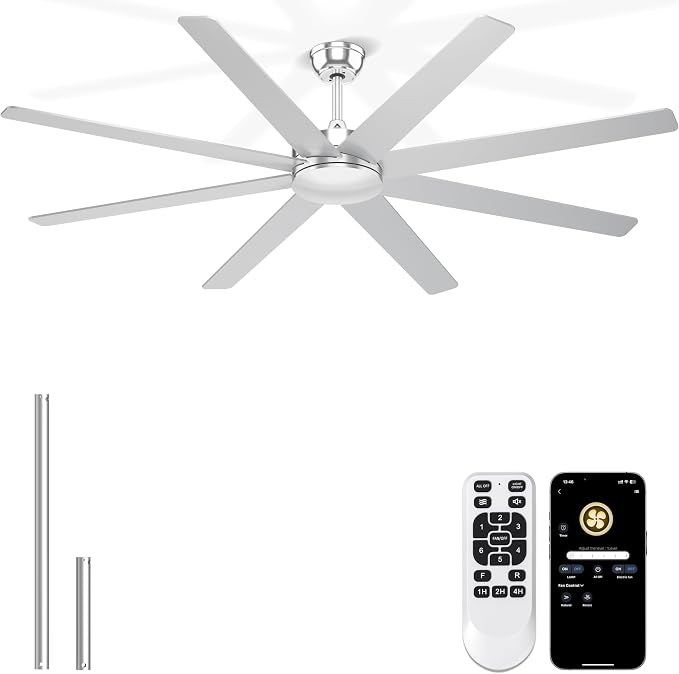 72'' Silver Large Ceiling Fan No Lights for Garage Shop | Remote/APP Control, 7138 CFM Airflow, Quiet DC Motor, Reversible Airflow, 8 Blades Overhead Fan for Covered Outdoor Patio