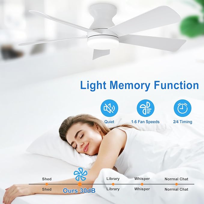 Depuley 42-Inch Ceiling Fans with Lights: Flush Mount Ceiling Fan with Remote Control Indoor/Outdoor - White 5 Blade Low Profile Fandelier for Kitchen Gazebo - Reversible Quiet Timer - 2 Packs