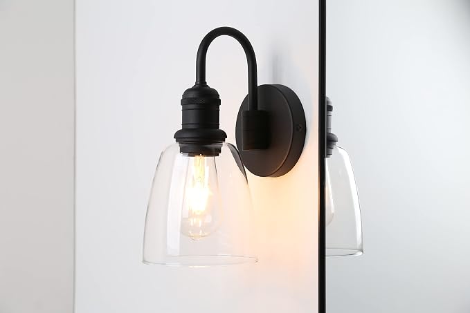 Yosoan 1-Light Vintage Wall Sconce, Black Industrial Fixture Light with Elegant Gooseneck Curved Rod, Indoor Clear Glass Shade Wall Lamp Lighting for Bathroom Porch Kitchen Living Room Restaurant