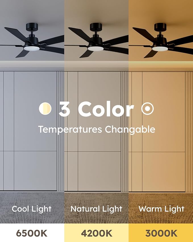 52 Inch Balck Downrod Ceiling Fans with Lights and Remote | 3CCT Dimmable LED, 6 Speed, Quiet DC Motor, 3-Level Timer Function, Forward/Reserve For all Seasons, Indoor/Covered Outdoor