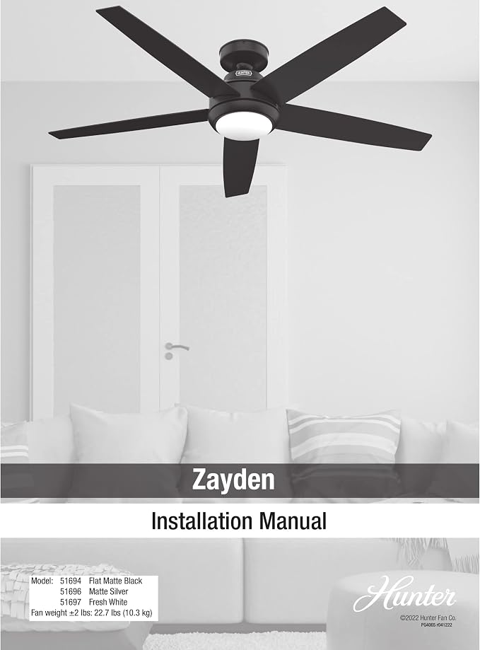 Hunter Zayden, Indoor, Ceiling Fan, Standard Mount, 52 inch, Matte Silver | with LED Light and Remote Control, Quiet, 5 Blades, For Bedroom, Living Room, Kitchen, 51696