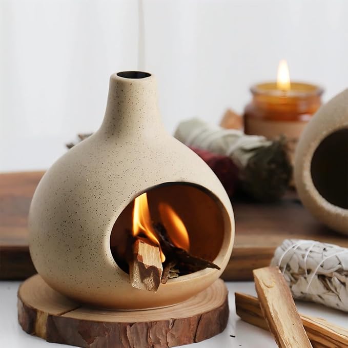 Ceramic Incense Holder, Mini Palo Santo Burner Chimney for Sticks, Cone Incense and Sage Smudging, Handmade Cone Incense Holder Burner for Yoga, Meditation, and Energy Cleansing (Milky White 01)