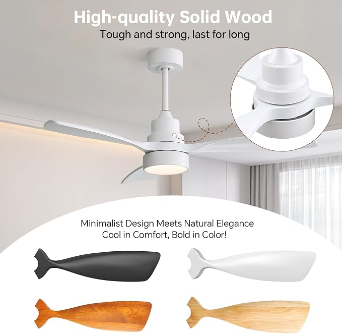 CACI Mall 48 inch White Smart Ceiling Fans with Lights, Low Profile, Modern, 3 Blades, Solid Wood, Remote Control, Work with Alexa/Google, Outdoor Indoor Ceiling Fans for Patio Living Room Bedroom