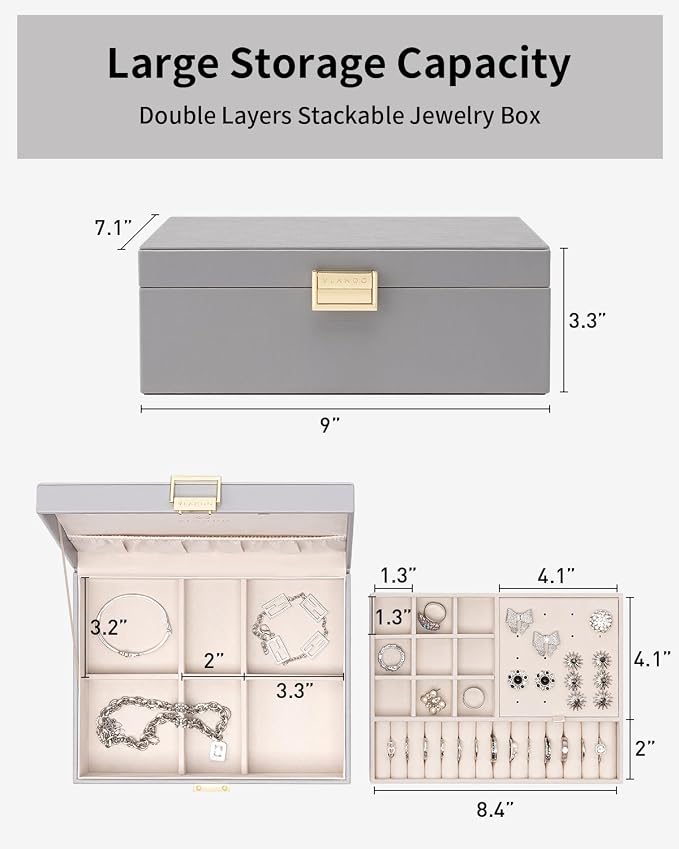 VLANDO 2 Layer Jewelry Box Large Jewelry Organizer for Women Removable Jewelery Tray for Necklace Earrings Rings Bracelets Jewelry Boxes Christmas Birthday Gifts for Women(Grey)