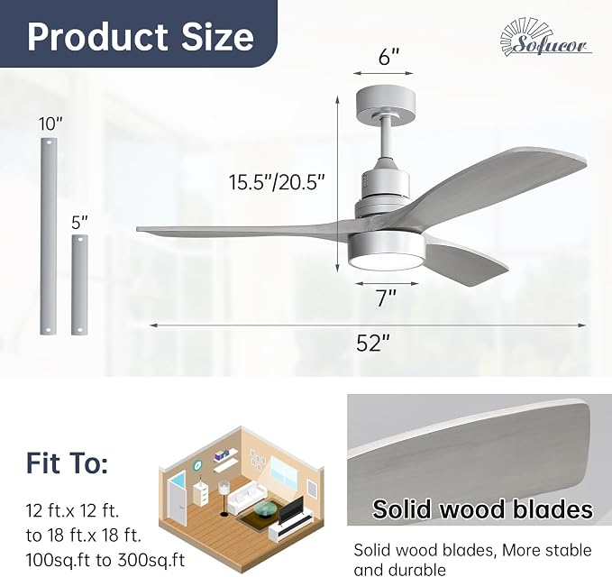 Sofucor 52 Inch Ceiling Fan with Light and Remote - 3 Solid Wood Blades, Quiet DC Motor, 6 Speeds 5000CFM, Dimmable Tri-Color LED with Memory, Timer & Reversible for Bedroom Living Room