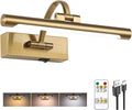 Tassuowell Rechargeable Picture Light with Remote Control,12 Inch Brass Finish Adjustable Wireless Art Lighting Fixture,Painting Lights with Timer,3 Color Temperature and Dimmable