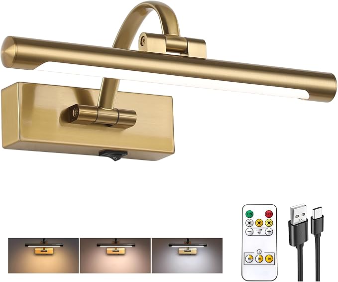 Tassuowell Rechargeable Picture Light with Remote Control,12 Inch Brass Finish Adjustable Wireless Art Lighting Fixture,Painting Lights with Timer,3 Color Temperature and Dimmable