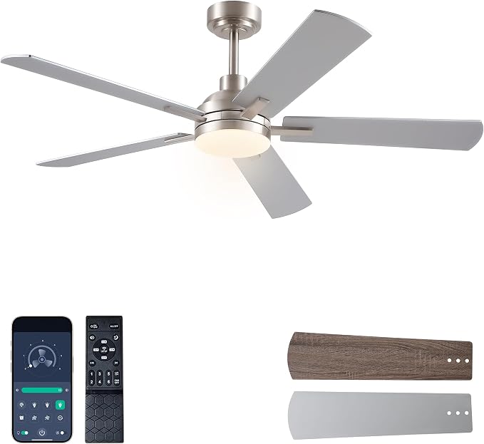 JSAITEE Ceiling Fans with Lights, 52 Inch Low Profile Modern Fan with Light and Remote Control, DC Reversible Motor, Noiseless,3CCT,Dimmable, Nickel 6 Speeds Fan Light for Bedroom Living room