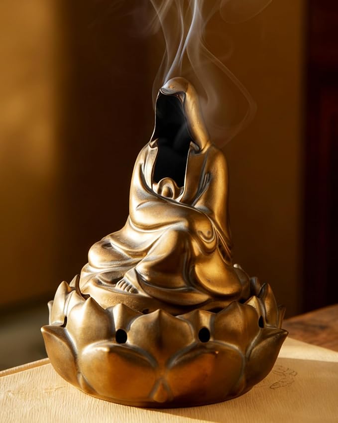 Zen Incense Burner for Cone & Coil – Ceramic Faceless Buddha Statue for Protection & Meditation, Home Decor to Ward Off Negativity