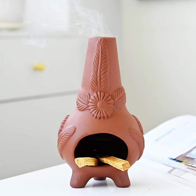 Palo Santo Holder, Ceramic Incense Burner for Wood Sticks, Sage, Cones,Mini Chimenea Palo Santo Burner with Ash Brush for Meditation Yoga Spa Room Decor