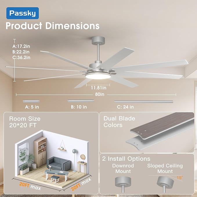 80 inch Ceiling Fans with Lights, Large Modern Ceiling Fan with Light and Remote Control, Reversible, Dimmable, 3CCT, Quiet, Nickel Ceiling fan For Bedroom Living Room Patio Farmhouse, Indoor/Outdoor